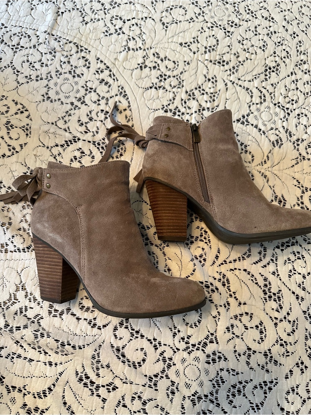 Women's Taupe Suede Ankle Booties with Stacked Heel